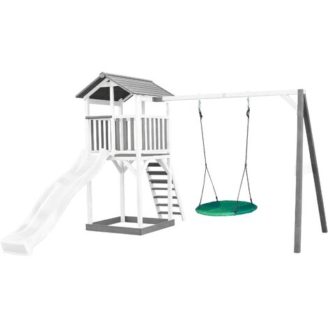 AXI Beach Tower Aire de Jeux avec Toboggan en blanc, Balançoire Nid d'oiseau vert & Bac à Sable Grande Maison enfant extérieur en gris & blanc Cabane de Jeu en Bois FSC - Gris