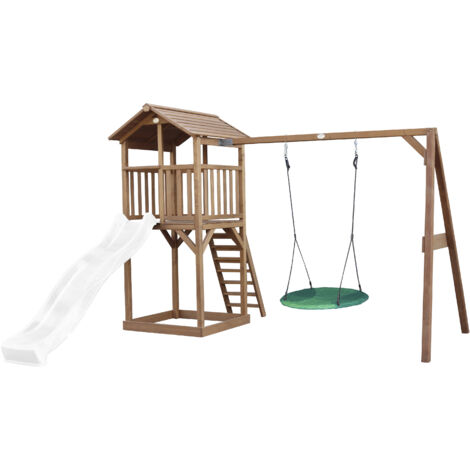 AXI Beach Tower Aire de Jeux avec Toboggan en blanc, Balançoire Nid d'oiseau vert & Bac à Sable Grande Maison enfant extérieur en marron Cabane de Jeu en Bois FSC - Marron