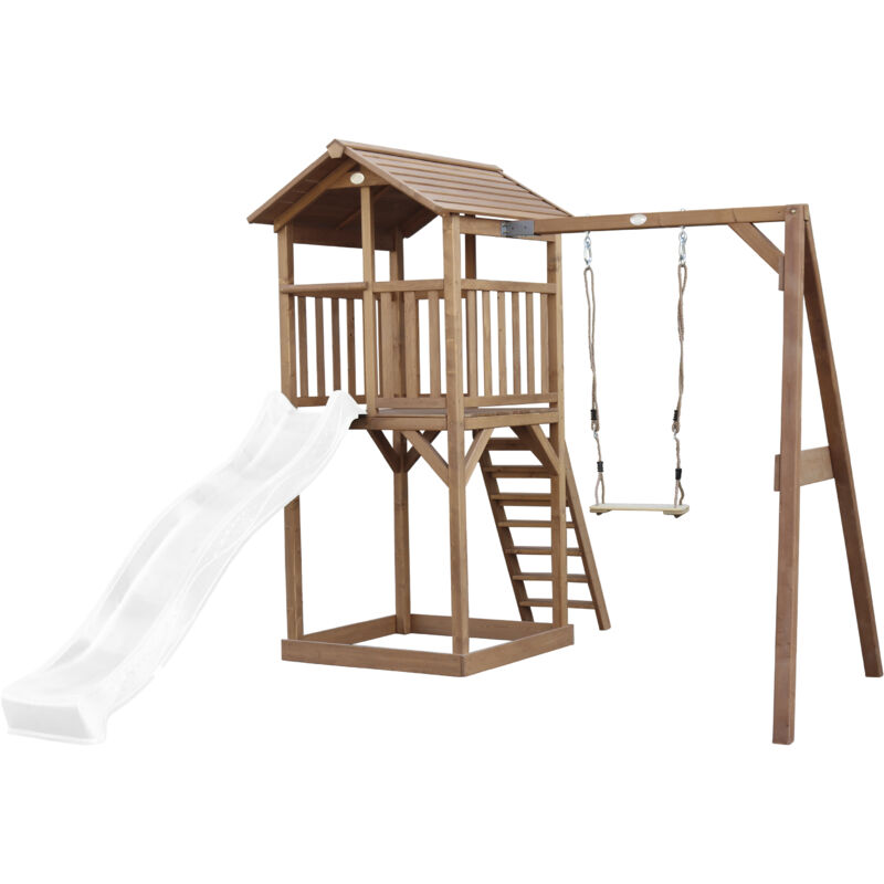 AXI Beach Tower Aire de Jeux avec Toboggan en Blanc, Balançoire & Bac à Sable Grande Maison enfant extérieur en marron Cabane de Jeu en Bois FSC