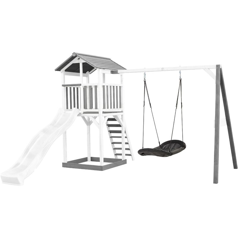 AXI - Beach Tower Aire de Jeux avec Toboggan en blanc, Balançoire Nid d'oiseau noir & Bac à Sable Grande Maison enfant extérieur en gris & blanc