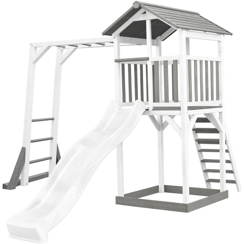 Beach Tower Aire de Jeux avec Toboggan en blanc, Cadre d'escalade & Bac à Sable | Grande Maison enfant extérieur en gris & blanc | Cabane de Jeu en