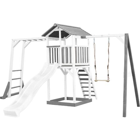 AXI Beach Tower Aire de Jeux avec Toboggan en blanc, Cadre d'escalade, Balançoire & Bac à Sable Grande Maison enfant extérieur en gris & blanc Cabane de Jeu en Bois FSC - Gris