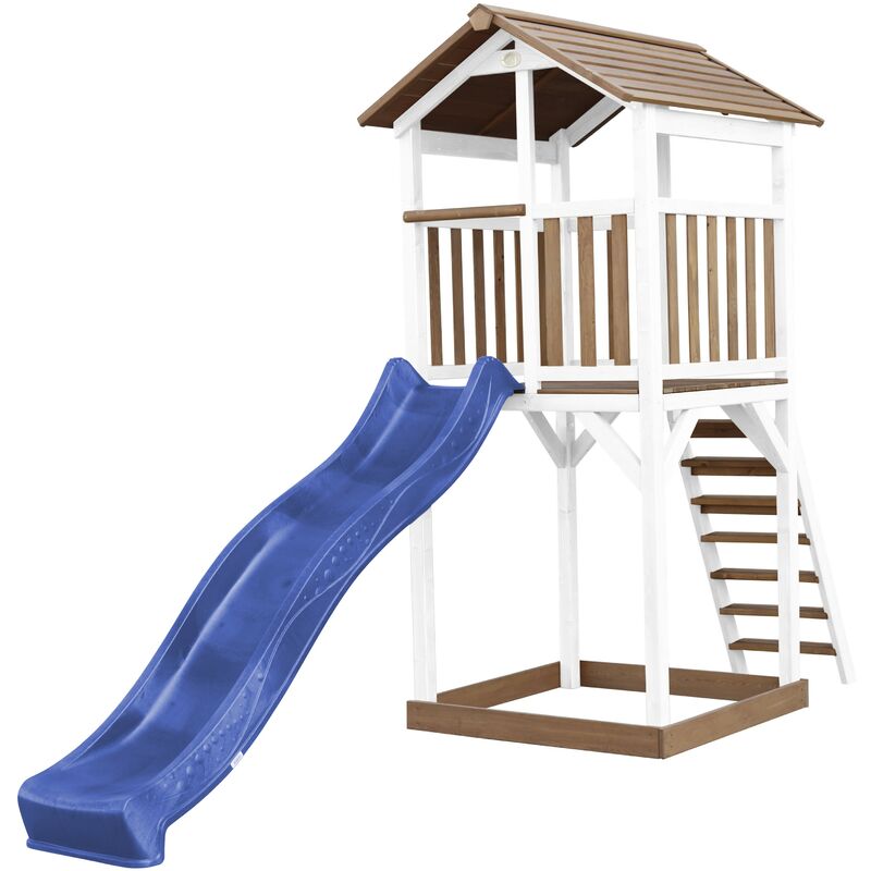 Beach Tower Aire de Jeux avec Toboggan en bleu & Bac à Sable Grande Maison enfant extérieur en marron & blanc Cabane de Jeu en Bois fsc - Marron - AXI