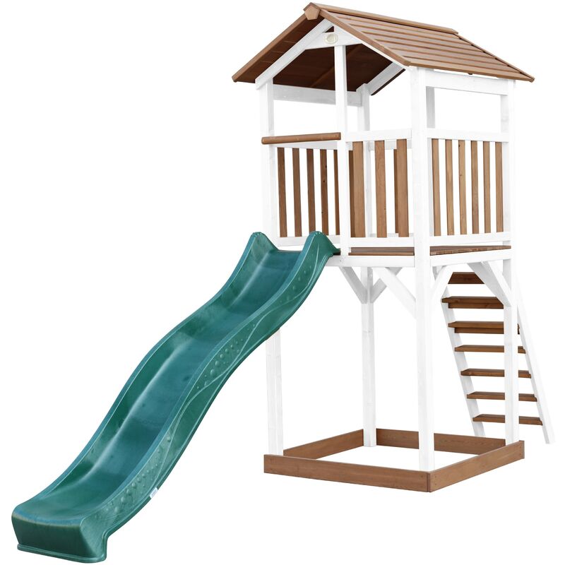 AXI Beach Tower Aire de Jeux avec Toboggan en vert & Bac à Sable Grande Maison enfant extérieur en marron & blanc Cabane de Jeu en Bois FSC - Marron