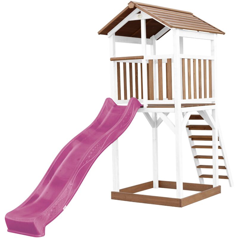 Beach Tower Aire de Jeux avec Toboggan en violet & Bac à Sable Grande Maison enfant extérieur en marron & blanc Cabane de Jeu en Bois fsc - Marron