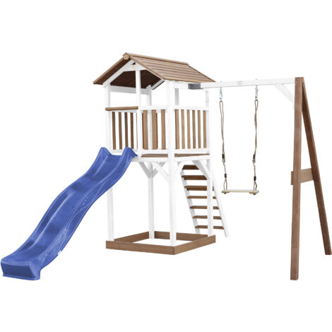 AXI Beach Tower Aire de Jeux avec Toboggan en bleu, Balançoire & Bac à Sable Grande Maison enfant extérieur en marron & blanc Cabane de Jeu en Bois FSC - Marron