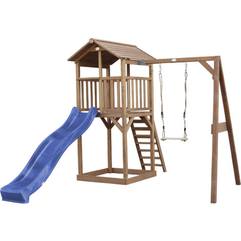 AXI Beach Tower Aire de Jeux avec Toboggan en bleu, Balançoire & Bac à Sable Grande Maison enfant extérieur en marron Cabane de Jeu en Bois FSC - Marron