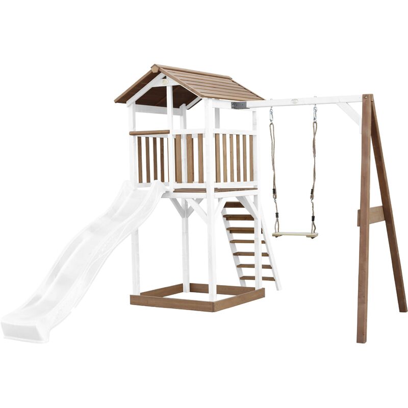 AXI Beach Tower Aire de Jeux avec Toboggan en blanc, Balançoire & Bac à Sable Grande Maison enfant extérieur en marron & blanc Cabane de Jeu en Bois