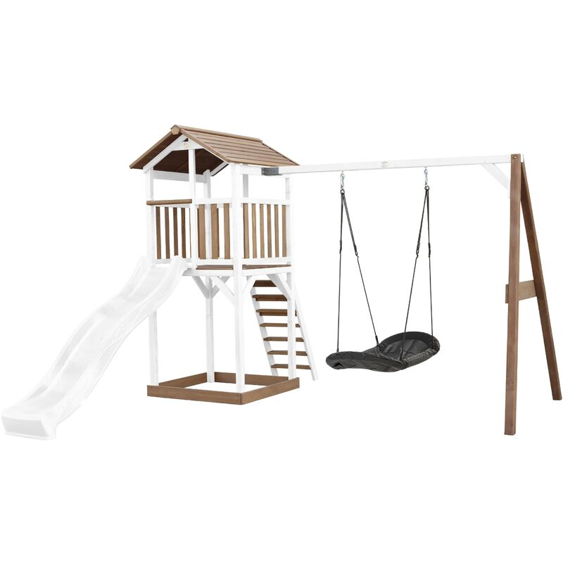 Beach Tower Aire de Jeux avec Toboggan en blanc, Balançoire Nid d'oiseau noir & Bac à Sable Grande Maison enfant extérieur en marron & blanc Cabane