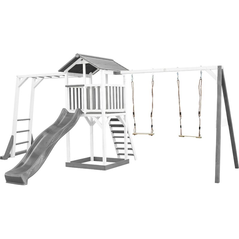 Beach Tower Aire de Jeux avec Toboggan en gris, Cadre d'escalade, 2 Balançoires & Bac à Sable Grande Maison enfant extérieur en gris & blanc Cabane