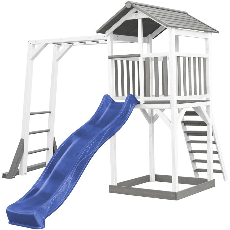 Beach Tower Aire de Jeux avec Toboggan en bleu, Cadre d'escalade & Bac à Sable | Grande Maison enfant extérieur en gris & blanc | Cabane de Jeu en