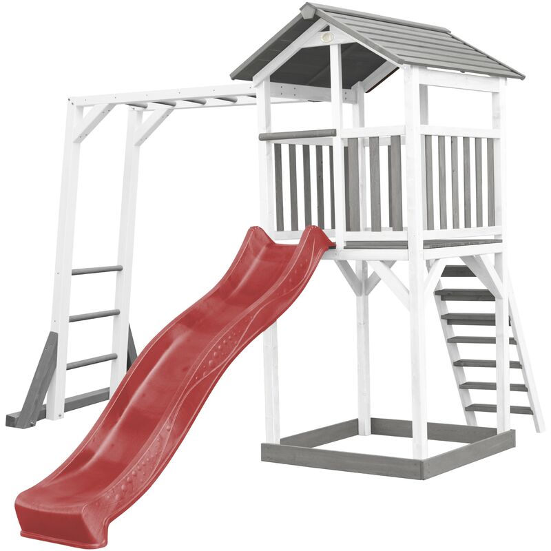 Beach Tower Aire de Jeux avec Toboggan en Rouge, Cadre d'escalade & Bac à Sable Grande Maison Enfant extérieur en Gris & Blanc Cabane de Jeu en Bois