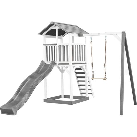 AXI Beach Tower Aire de Jeux avec Toboggan en gris, Balançoire & Bac à Sable Grande Maison enfant extérieur en gris & blanc Cabane de Jeu en Bois FSC - Gris
