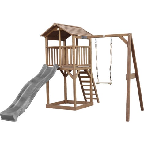 AXI Beach Tower Aire de Jeux avec Toboggan en gris, Balançoire & Bac à Sable | Grande Maison enfant extérieur en marron | Cabane de Jeu en Bois FSC