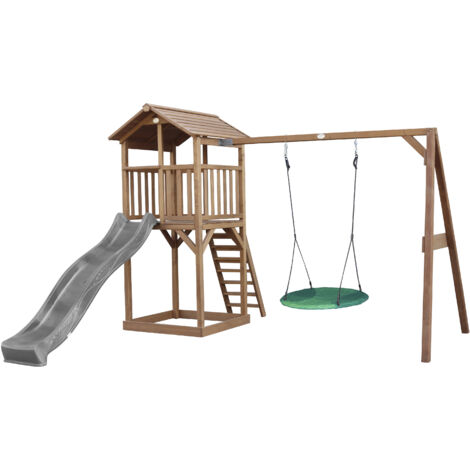 AXI Beach Tower Aire de Jeux avec Toboggan en gris, Balançoire Nid d'oiseau vert & Bac à Sable Grande Maison enfant extérieur en marron Cabane de Jeu en Bois FSC - Marron