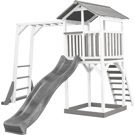 Axi Beach Tower Aire De Jeux Avec Toboggan En Gris, Cadre D'Escalade & Bac À Sable Grande Maison Enfant Extérieur En Gris & Blanc Cabane De Jeu En Bois Fsc