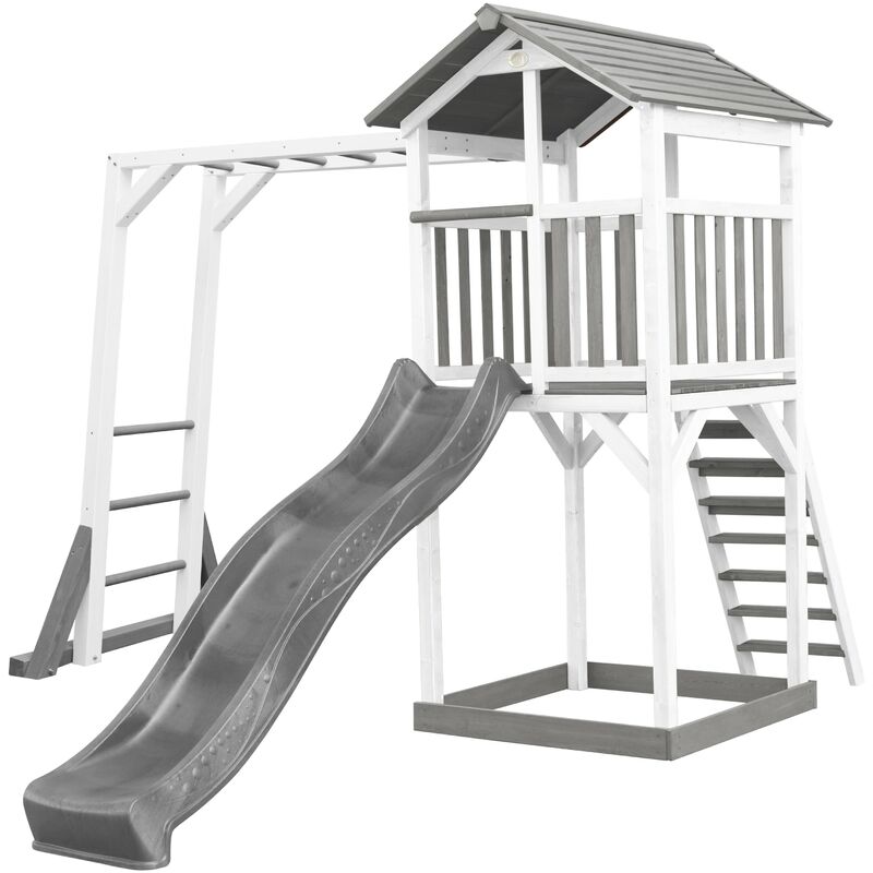 Beach Tower Aire de Jeux avec Toboggan en gris, Cadre d'escalade & Bac à Sable | Grande Maison enfant extérieur en gris & blanc | Cabane de Jeu en