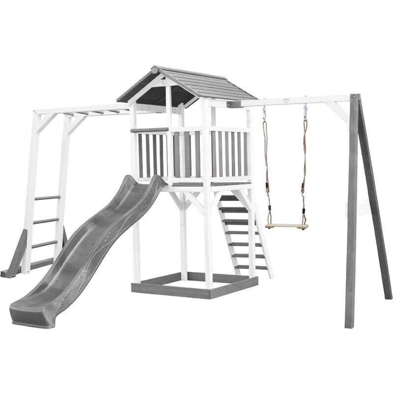 Beach Tower Aire de Jeux avec Toboggan en gris, Cadre d'escalade, Balançoire & Bac à Sable Grande Maison enfant extérieur en gris & blanc Cabane de