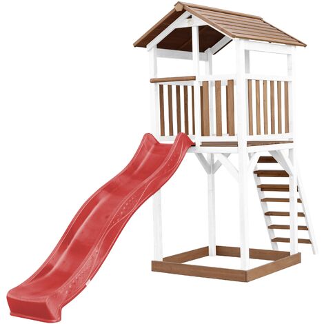 AXI Beach Tower Aire de Jeux avec Toboggan en rouge & Bac à Sable Grande Maison enfant extérieur en marron & blanc Cabane de Jeu en Bois FSC - Marron