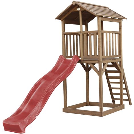 AXI Beach Tower Aire de Jeux avec Toboggan en rouge & Bac à Sable Grande Maison enfant extérieur en marron Cabane de Jeu en Bois FSC - Marron