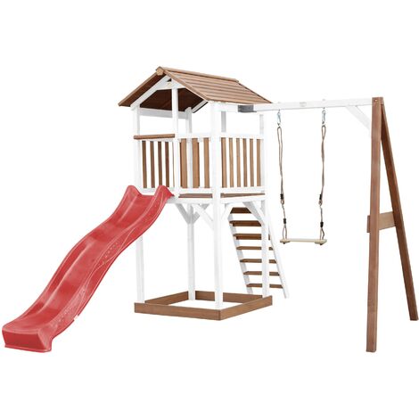 AXI Beach Tower Aire de Jeux avec Toboggan en rouge, Balançoire & Bac à Sable Grande Maison enfant extérieur en marron & blanc Cabane de Jeu en Bois FSC - Marron