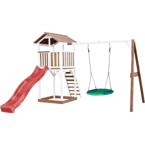 AXI Beach Tower Aire de Jeux avec Toboggan en rouge, Balançoire Nid d'oiseau vert & Bac à Sable Grande Maison enfant extérieur en marron & blanc Cabane de Jeu en Bois FSC - Marron