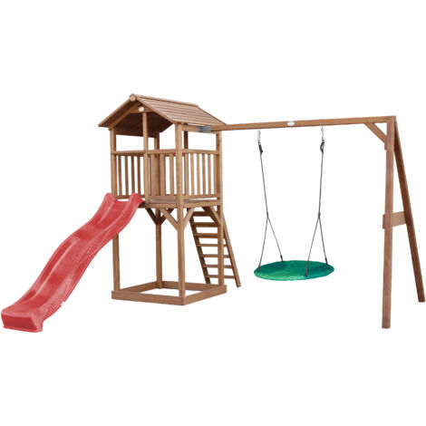 AXI Beach Tower Aire de Jeux avec Toboggan en rouge, Balançoire Nid d'oiseau vert & Bac à Sable Grande Maison enfant extérieur en marron Cabane de Jeu en Bois FSC - Marron