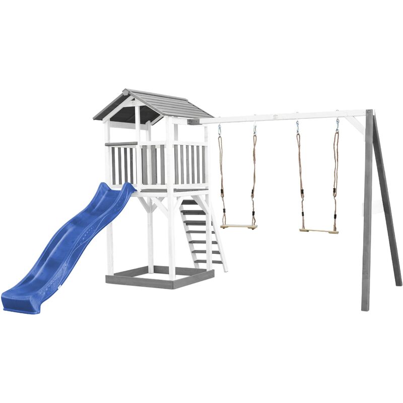 Beach Tower Aire de Jeux avec Toboggan en bleu, 2 Balançoires & Bac à Sable Grande Maison enfant extérieur en gris & blanc Cabane de Jeu en Bois fsc