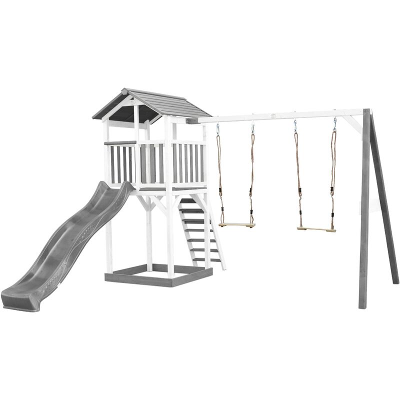 Beach Tower Aire de Jeux avec Toboggan en gris, 2 Balançoires & Bac à Sable Grande Maison enfant extérieur en gris & blanc Cabane de Jeu en Bois fsc