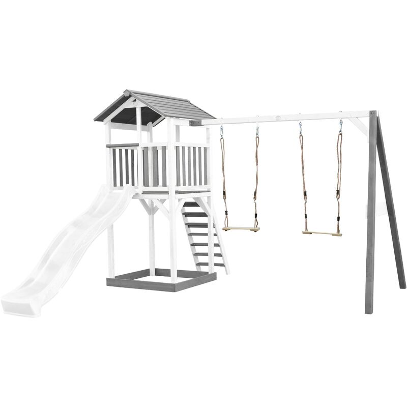 Beach Tower Aire de Jeux avec Toboggan en blanc, 2 Balançoires & Bac à Sable Grande Maison enfant extérieur en gris & blanc Cabane de Jeu en Bois fsc
