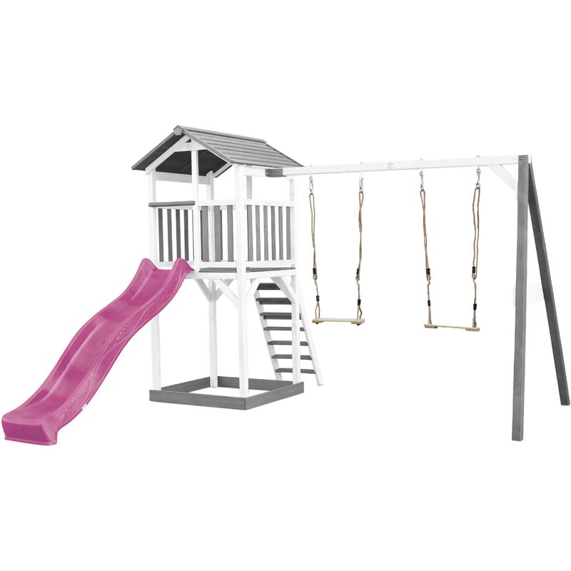 Beach Tower Aire de Jeux avec Toboggan en Violet, 2 Balançoires & Bac à Sable Grande Maison Enfant extérieur en Gris & Blanc Cabane de Jeu en Bois
