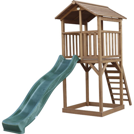 AXI Beach Tower Aire de Jeux avec Toboggan en vert & Bac à Sable Grande Maison enfant extérieur en marron Cabane de Jeu en Bois FSC - Marron