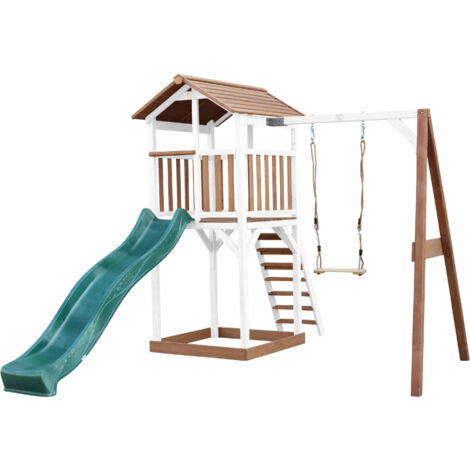 AXI Beach Tower Aire de Jeux avec Toboggan en vert, Balançoire & Bac à Sable Grande Maison enfant extérieur en marron & blanc Cabane de Jeu en Bois FSC - Marron