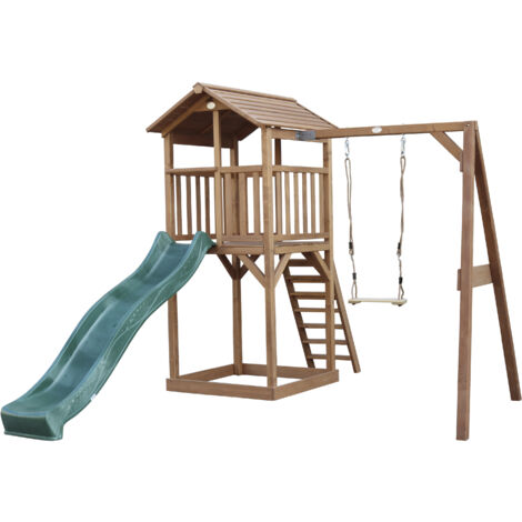 AXI Beach Tower Aire de Jeux avec Toboggan en vert, Balançoire & Bac à Sable Grande Maison enfant extérieur en marron Cabane de Jeu en Bois FSC - Marron