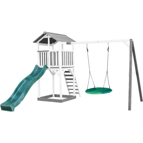 Axi Beach Tower Aire De Jeux Avec Toboggan En Vert, Balançoire Nid D'Oiseau Vert & Bac À Sable  Grande Maison Enfant Extérieur En Gris & Blanc  Cabane De Jeu En Bois Fsc
