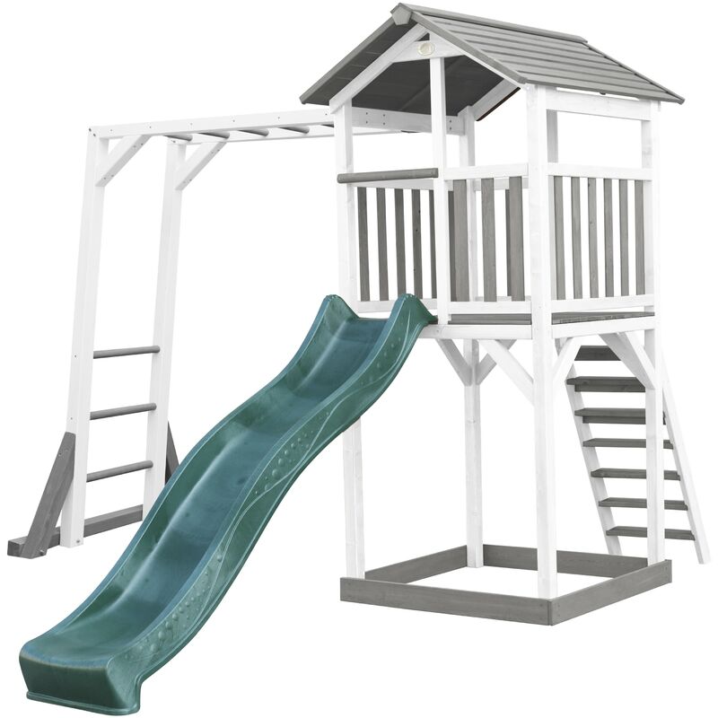 Beach Tower Aire de Jeux avec Toboggan en Vert, Cadre d'escalade & Bac à Sable | Grande Maison Enfant extérieur en Gris & Blanc | Cabane de Jeu en