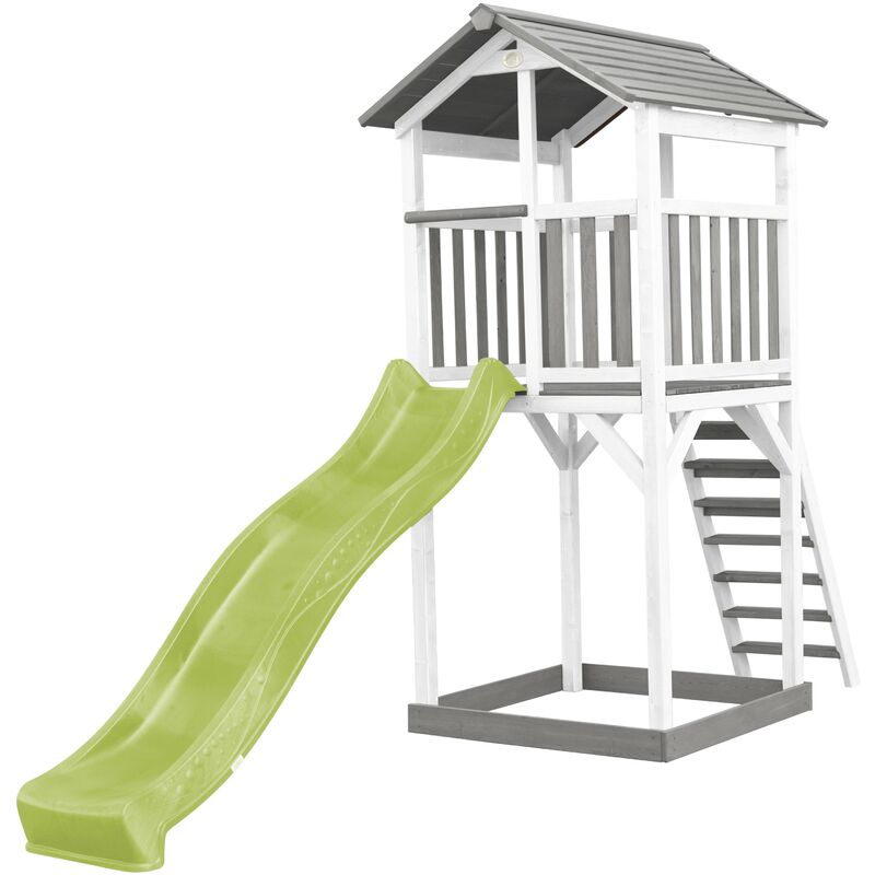 Beach Tower Aire de Jeux avec Toboggan en Vert Clair & Bac à Sable | Grande Maison Enfant extérieur en Gris & Blanc | Cabane de Jeu en Bois fsc
