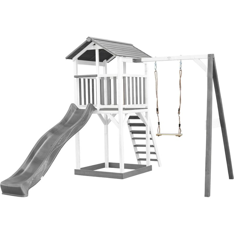Beach Tower Aire de Jeux avec Toboggan en gris, Balançoire & Bac à Sable Grande Maison enfant extérieur en gris & blanc Cabane de Jeu en Bois fsc