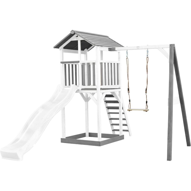 Beach Tower Aire de Jeux avec Toboggan en blanc, Balançoire & Bac à Sable Grande Maison enfant extérieur en gris & blanc Cabane de Jeu en Bois fsc