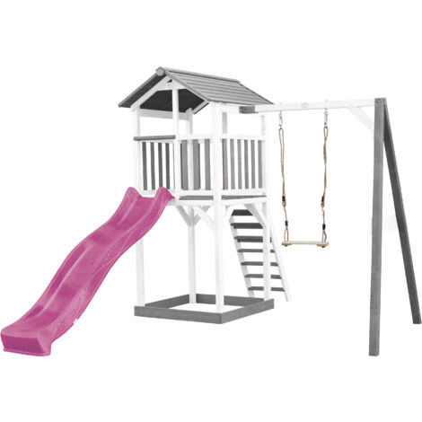 AXI Beach Tower Aire de Jeux avec Toboggan en Violet, Balançoire & Bac à Sable Grande Maison Enfant extérieur en Gris & Blanc Cabane de Jeu en Bois FSC - Gris