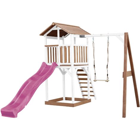 AXI Beach Tower Aire de Jeux avec Toboggan en violet, Balançoire & Bac à Sable Grande Maison enfant extérieur en marron & blanc Cabane de Jeu en Bois FSC - Marron