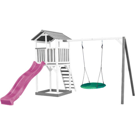 AXI Beach Tower Aire de Jeux avec Toboggan en Violet, Balançoire Nid d'oiseau Vert & Bac à Sable Grande Maison Enfant extérieur en Gris & Blanc Cabane de Jeu en Bois FSC - Gris