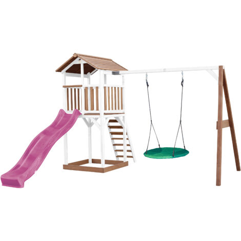 AXI Beach Tower Aire de Jeux avec Toboggan en violet, Balançoire Nid d'oiseau vert & Bac à Sable Grande Maison enfant extérieur en marron & blanc Cabane de Jeu en Bois FSC - Marron