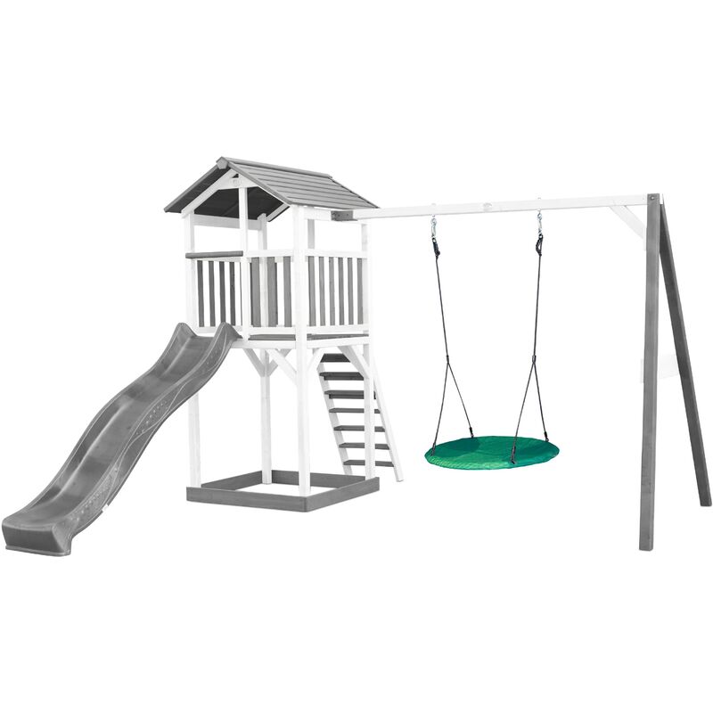 Beach Tower Aire de Jeux avec Toboggan en gris, Balançoire Nid d'oiseau vert & Bac à Sable Grande Maison enfant extérieur en gris & blanc Cabane de