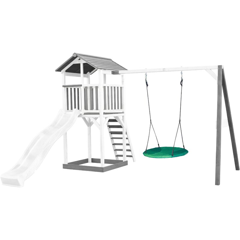 AXI - Beach Tower Aire de Jeux avec Toboggan en blanc, Balançoire Nid d'oiseau vert & Bac à Sable Grande Maison enfant extérieur en gris & blanc