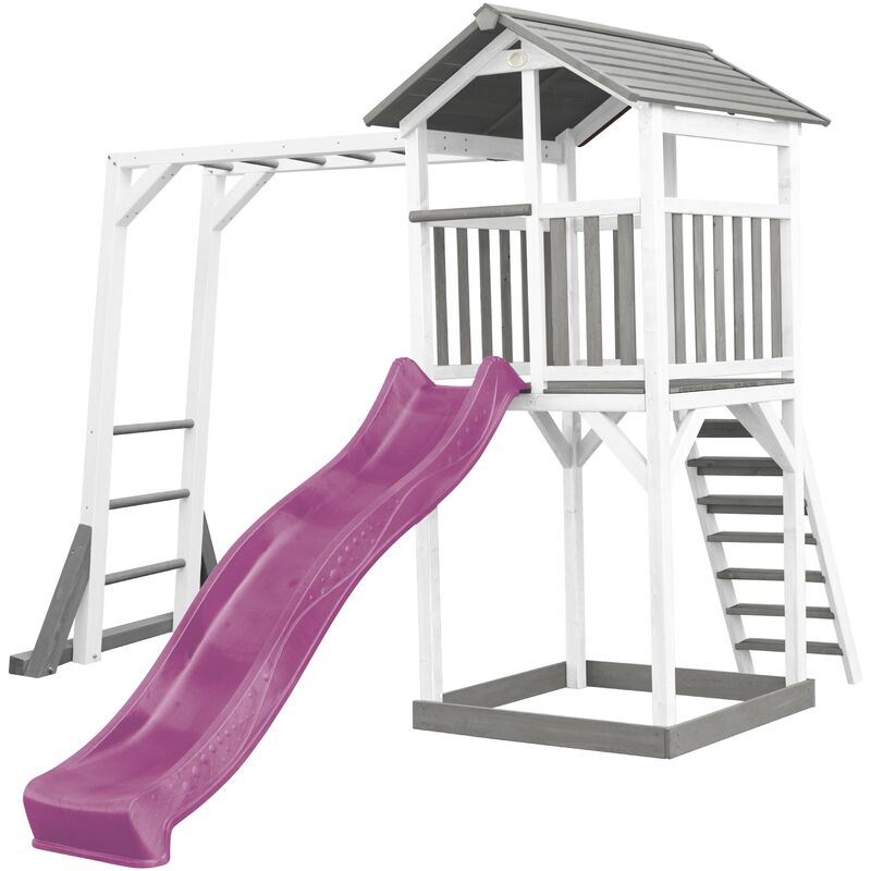 Beach Tower Aire de Jeux avec Toboggan en Violet, Cadre d'escalade & Bac à Sable | Grande Maison Enfant extérieur en Gris & Blanc | Cabane de Jeu en