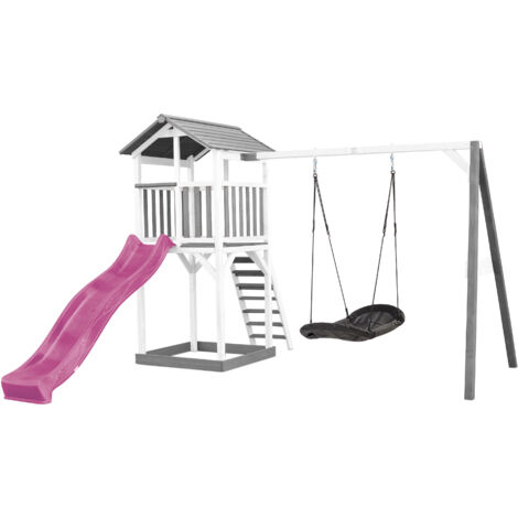 Axi Beach Tower Aire De Jeux Blanc Avec Toboggan En Violet, Balançoire Nid D'Oiseau Noir & Bac À Sable  Grande Maison Enfant Extérieur En Gris & Blanc  Cabane De Jeu En Bois Fsc