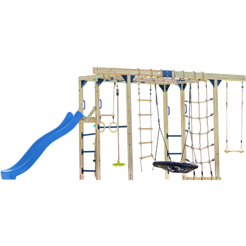 Boris Aire de Jeux en Bois/Structure d'escalade en Bois, Toboggan Bleu - Balançoires, Trapèze, Cordes d'escalade et Barres de singe Jeux en Bois