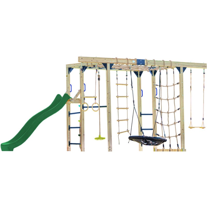 Boris Aire de Jeux en Bois/Structure d'escalade en Bois, Toboggan Vert - Balançoires, Trapèze, Cordes d'escalade et Barres de singe Jeux en Bois