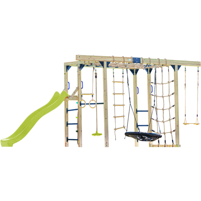 Boris Aire de Jeux en Bois/Structure d'escalade en Bois, Toboggan Vert Citron - Balançoires, Trapèze, Cordes d'escalade et Barres de singe Jeux en